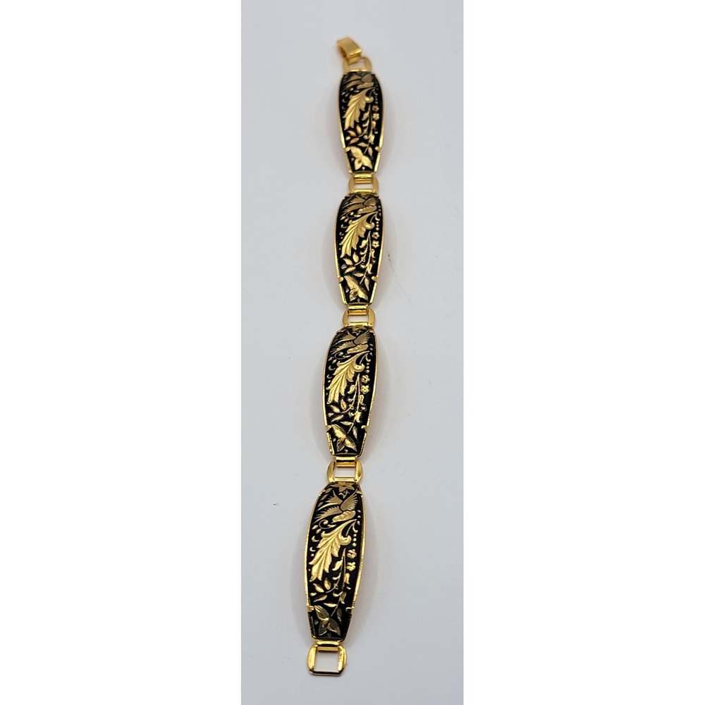 Vintage Damascene Link Bracelet Gold Tone Black Floral Bird Spanish Design 7"